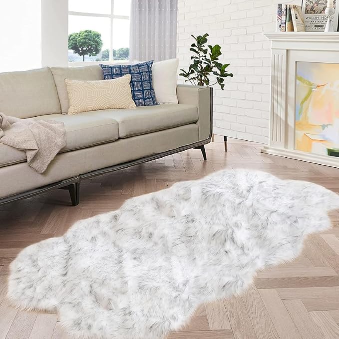 ORINOVA White and Grey 4X6 Faux Sheepskin Shag Fur Runner Rugs for Living Room Bedroom Fluffy Washable Furry Area Rug Nursery Teen Room Décor