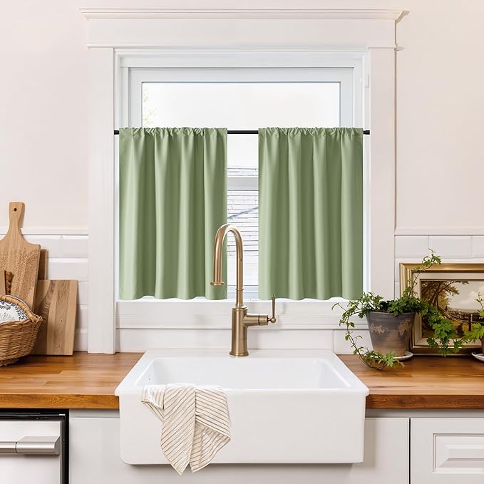 RYB HOME 100% Blackout Basement Curtains 30 inches Long, Heat & UV Blocking Total Room Darkening Noise Reducing Curtains for Bathroom RV Campers, Sage Green, 2 Panels Set