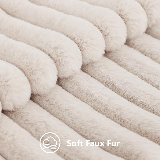 decorUhome Summer Cozy Faux Fur Throw Pillow Covers 26x26 Set of 2 Decorative Soft Plush Striped Modern Farmhouse Boho Couch Euro Sham Pillow Cases with Velvet Back for Sofa Bed Living Room, Beige