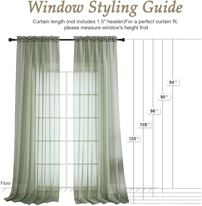 OVZME Sage Green Sheer Curtains 84 Inches Long 2 Panels Set, Light Filtering Sheer Curtains for Living Room Bedroom 59 Inch Extra Wide, Modern Voile Filmy Rod Pocket Window Drapes, 59Wx84L Inches