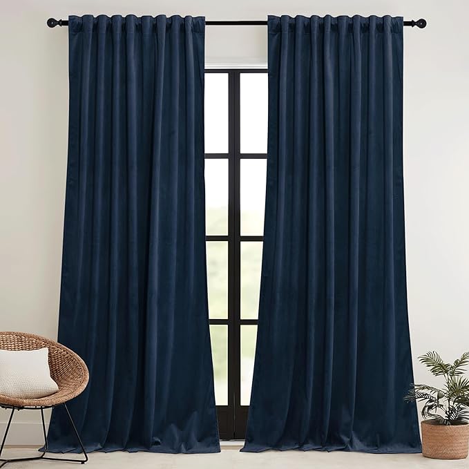 RYB HOME Navy Blue Velvet Curtains 84 inches- Velevt Blackout Curtains for Bedroom, Thermal Insulated Noise Reducing Panels Soft Luxury Window Decor, Navy Blue, W52 x L84 inches, 2 Panels