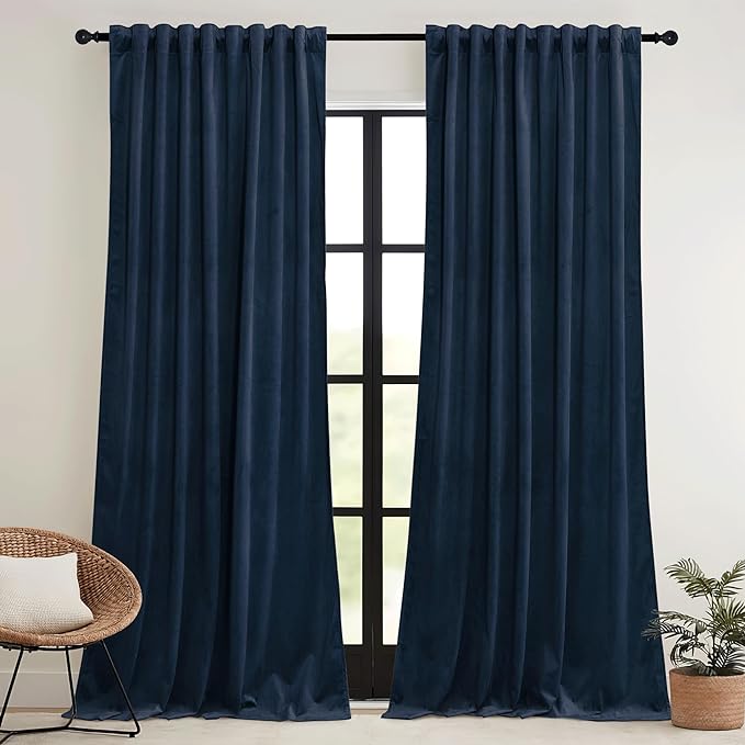 RYB HOME Navy Velvet Curtains 96 inches- Velevt Blackout Curtains for Bedroom, Thermal Insulated Noise Reducing Panels Soft Luxury Window Decor, Navy Blue, W52 x L96 inches, 2 Panels
