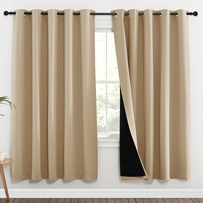 NICETOWN Living Room Completely Shaded Draperies, Privacy Protection & Noise Reducing Ring Top Drapes, Black Lined Insulated Window Treatment Curtain Panels(Biscotti Beige, 2 Pieces, W70 x L72)