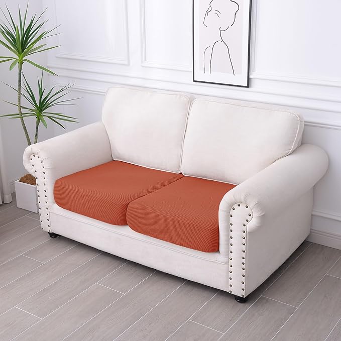 hyha Waterproof Couch Cushion Covers for Pets, Non Slip Sofa Seat Cover for Dogs Washable, Soft Thick Stretch Jacquard Fabric, Sofa Slipcovers with Elastic Bottom (2 Pieces, Rust)