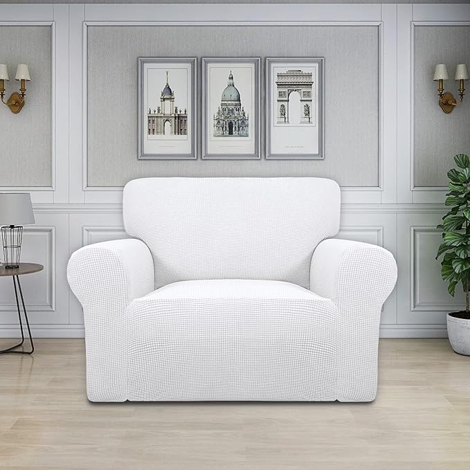 Easy-Going Stretch Oversized Chair Sofa Slipcover 1-Piece Couch Sofa Cover Furniture Protector Soft with Elastic Bottom for Kids Spandex Jacquard Fabric Small Checks Snow White