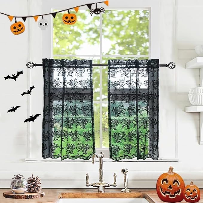 YJ YANJUN Vintage Lace Curtains 24 inch Length Set of 2 Victorian Gothic Short Half Curtains for Kitchen Bathroom RV Light Filtering Small Window Drapes Halloween Goth Dark Room Decor 26 x 24 Black