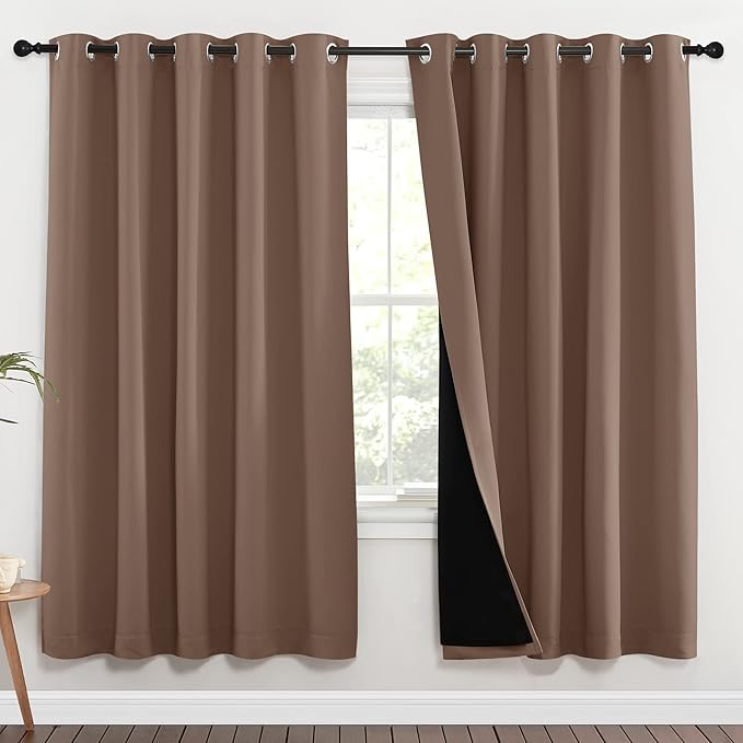 NICETOWN Living Room Completely Shaded Draperies, Privacy Protection & Noise Reducing Ring Top Drapes, Black Lined Insulated Window Treatment Curtain Panels(Cappuccino, 2 Pieces, W70 x L72)