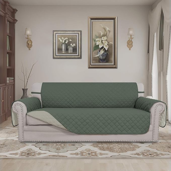 Easy-Going 4 Seater Sofa Slipcover Reversible Sofa Cover Water Resistant Couch Cover with Foam Sticks Elastic Straps Furniture Protector for Pets Children Dog Cat (XX-Large, Greyish Green/Beige)