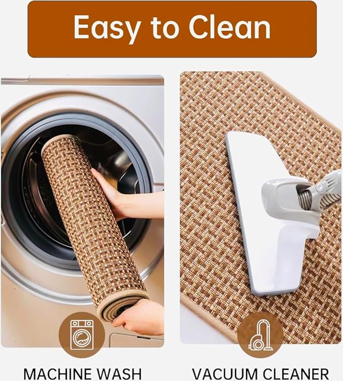 eqivei Kitchen Rugs and Mats Non Skid Washable Set of 2 PCS, Absorbent Runner Rugs for Kitchen, Farmhouse Weave Floor Mats in Front of Sink, 17.3"x 47"+17.3"x 29" (Brown)