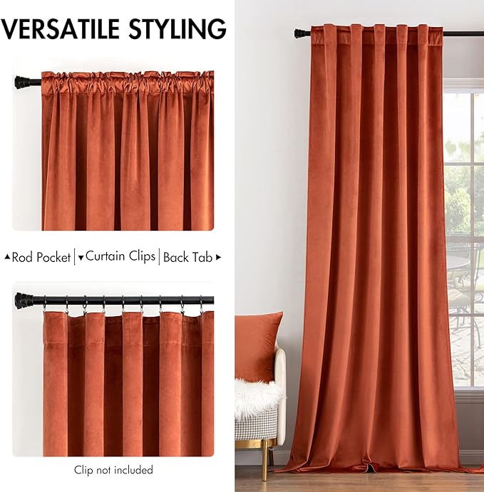 MIULEE Velvet Curtains 96 inches 2 Panels - Luxury Burnt Orange Blackout Curtains for Bedroom Living Room Thermal Insulated Super Soft Window Drapes Rod Pocket & Back Tab, Terracotta Rust Fall Decor
