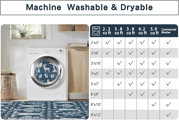 Washable Rugs 8x10 Area Rugs for Living Room,Bedroom,Dining Room- Large Ultra Soft Faux Wool Retro Carpet,Non Slip&Non-Shedding Low Pile Vintage Print Rug for Home Office Dorm Playroom-Blue