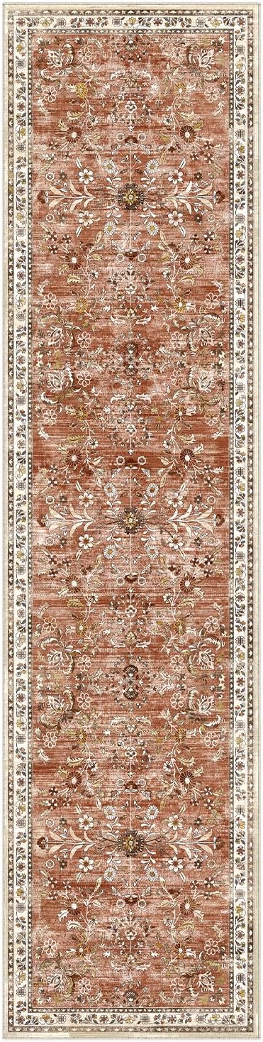 Yamaziot Washable Runner Rug 2x8 – Non Slip Boho Floral Hallway Runner Rug with Rubber Backing, Low Pile Wool Distressed Carpet for Kitchen, Laundry, Bedroom, Entrance, Brick-red