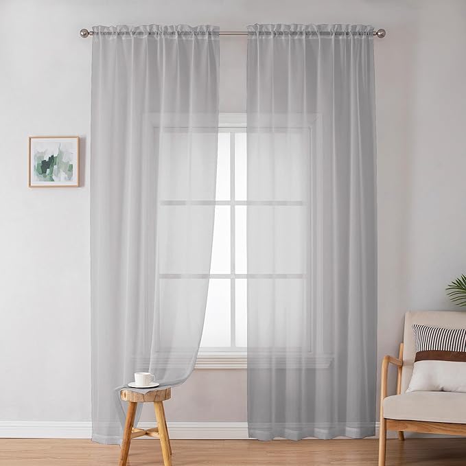 OWENIE Sheer Curtains 72 Inches Long for Living Room Bedroom, Rod Pocket Fimly Voile Door Curtains with Soft Touch, Rod Pocket Solid Light Grey Voile Elegant Airy Curtains, Each 42Wx72L inch