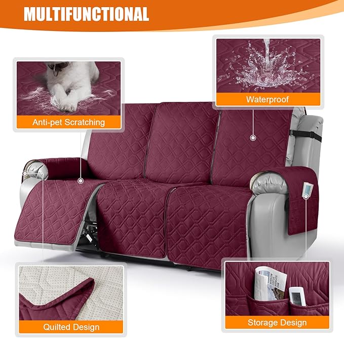 VANSOFY Waterproof Recliner Couch Covers, Sofa Covers 1-Piece Washable Reclining Sofa Cover Non-Slip Furniture Protector with Elastic Straps Pocket for Dogs, Pets(Burgundy,3 Seater)