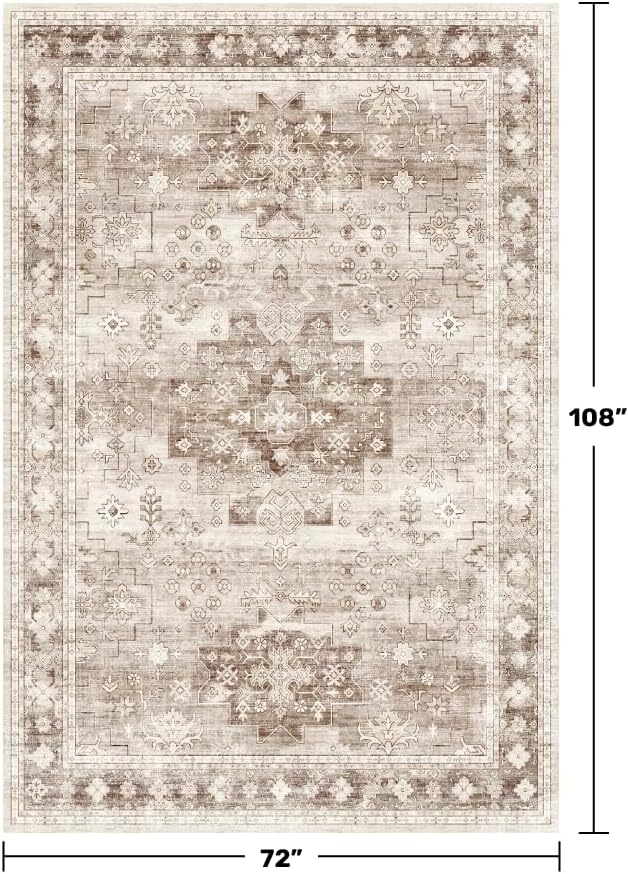 Washable Neutral Farmhouse Living Room Rug, 6x9 Area Rugs for Bedroom, Dining Room Under Table Carpet, Kids Room, Large Boho Vintage Non-Slip Floral Rugs Low Pile Stain Resistant (6x9 Beige/Latte)