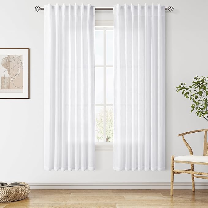 Snow White Linen Curtains 72 Inches Long for Living Room Light Filtering Semi Sheer Curtain Back Tab Luxury Neutral Coastal Modern Farmhouse Decor Drapes for Bedroom Dinner Room 52x72, 2 Panels
