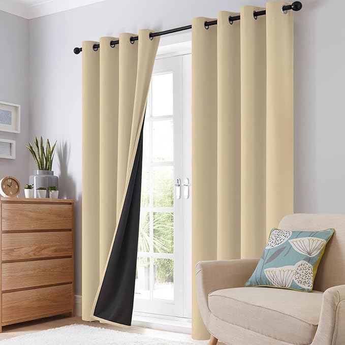 SimpleHome 100% Blackout Curtains for Bedroom,Thermal Insulated Beige Grommet Window Drapes Room Darkening Curtains for Living Room with Black Back,62 x 84 Inch,2 Panels