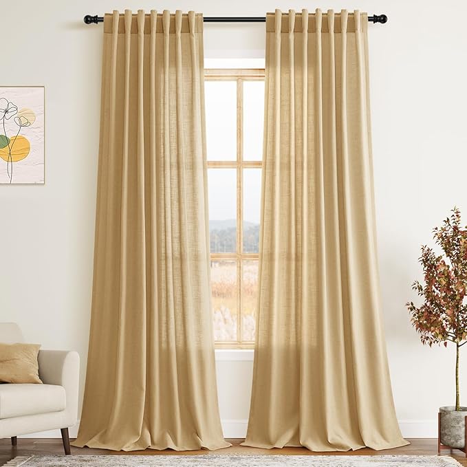 Nanspring Gold Yellow Linen Curtains 96 Inches Long 2 Panels Set for Living Room Rod Pocket Back Tab Semi Sheer Light Filtering Protect Privacy Gold Yellow Curtain for Bedroom Floor Length 52x96