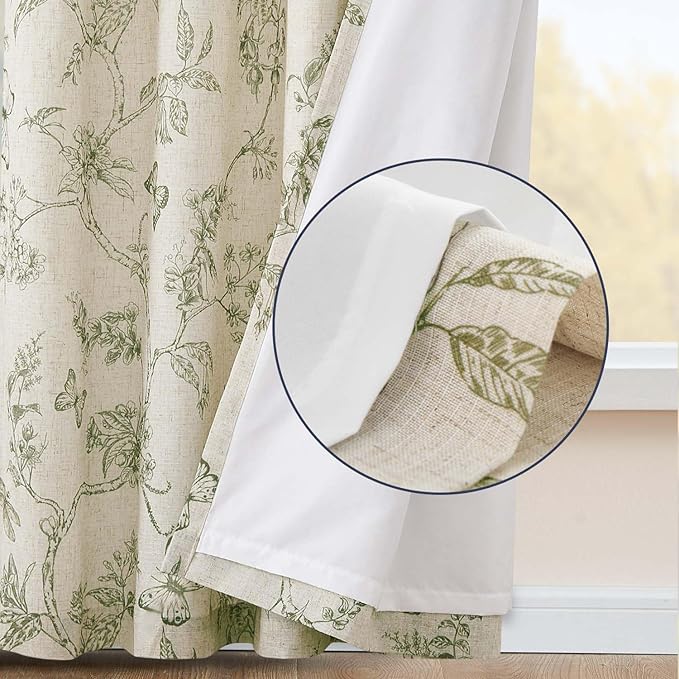 jinchan Floral Curtains Lined Linen Blend Curtain for Living Room 63 Inch Length Sage Green Farmhouse Flower Patterned Curtain French Country Curtains Drapes Back Tab Rod Pocket 2 Panels