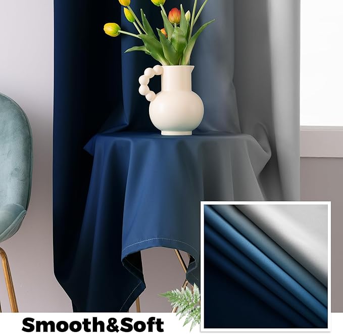 Yakamok 100% Blackout Curtains 63 Inch Length 2 Layers,Blue Curtains for Bedroom Ombre Room Darkening Grommet Gradient Drapes,Light Blocking Thermal Insulated Window Curtains for Living Room