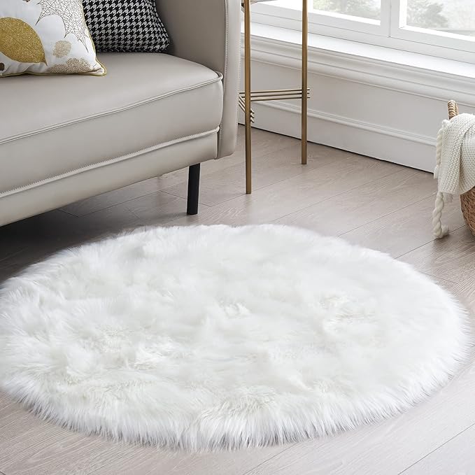 White Fluffy Round Fur Area Rug for Bedroom, Circle Faux Fur Rugs for Kids Room, Cute Fuzzy Nursery, Shaggy Circular Rugs Floor Carpets for Teens Girls Rooms Home Decor, 4 x 4 Feet