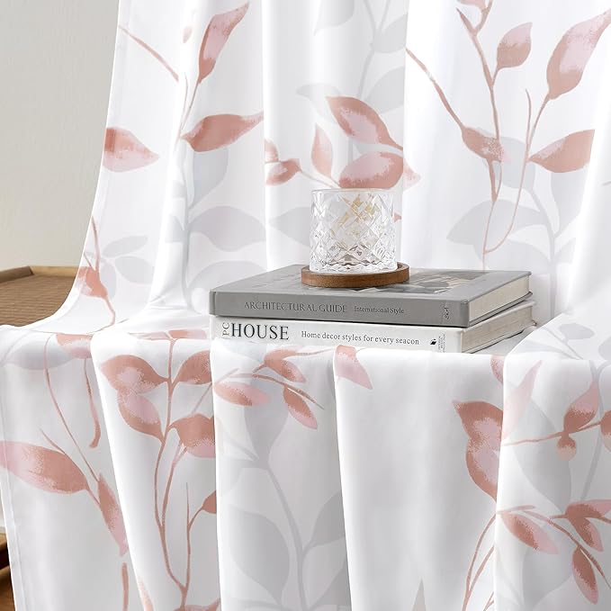 HOMEIDEAS Non-See-Through Pink and White Privacy Sheer Curtains 52 X 63 Inch Length 2 Panels, Leaf Floral Printed Light Filtering Semi Sheer Window Curtains Drapes for Bedroom Living Room