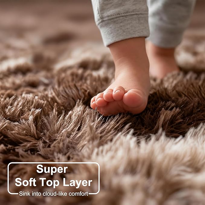 Amdrebio Tie-Dyed Brown Round Circle Rugs 5Ft for Bedroom, Fluffy Shag Plush Area Rugs for Kids Room, Living Room Decor Aesthetic, Fuzzy Fur Throw Floor Carpet for Playroom Preppy Dorm Baby Nursery