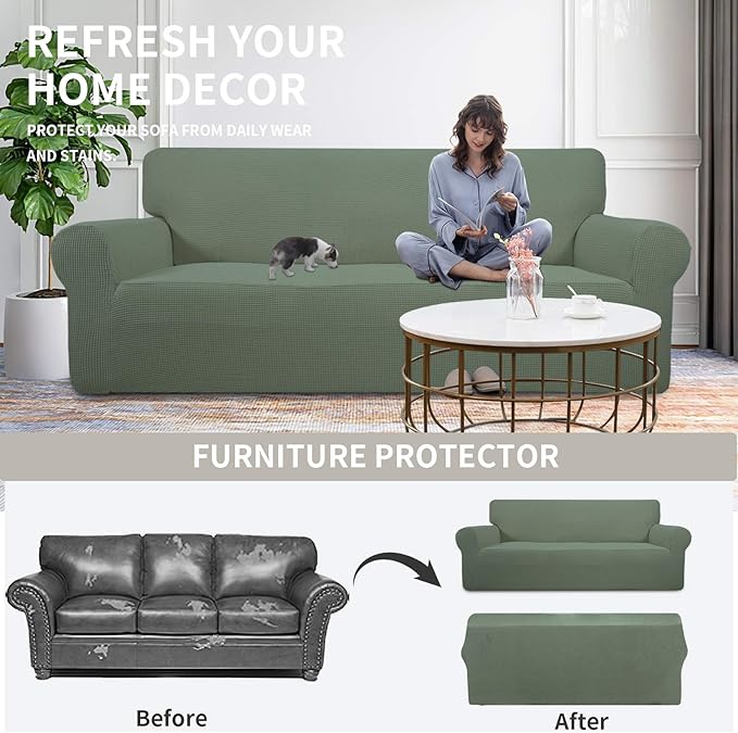 Easy-Going Stretch Chair Sofa Slipcover 1-Piece Couch Sofa Cover Furniture Protector Soft with Elastic Bottom for Kids, Pet. Spandex Jacquard Fabric Small Checks (Chair, Greyish Green)