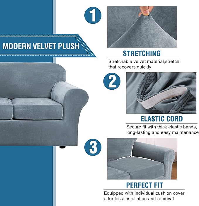 H.VERSAILTEX Velvet 4 Piece High Stretch Sofa Slipcover Cover Furniture Protector Form Fit Luxury Thick Velvet Extra Large Sofa Cover for 3 Cushion Couch Width Up to 105 Inch(XL Sofa, Stone Blue)