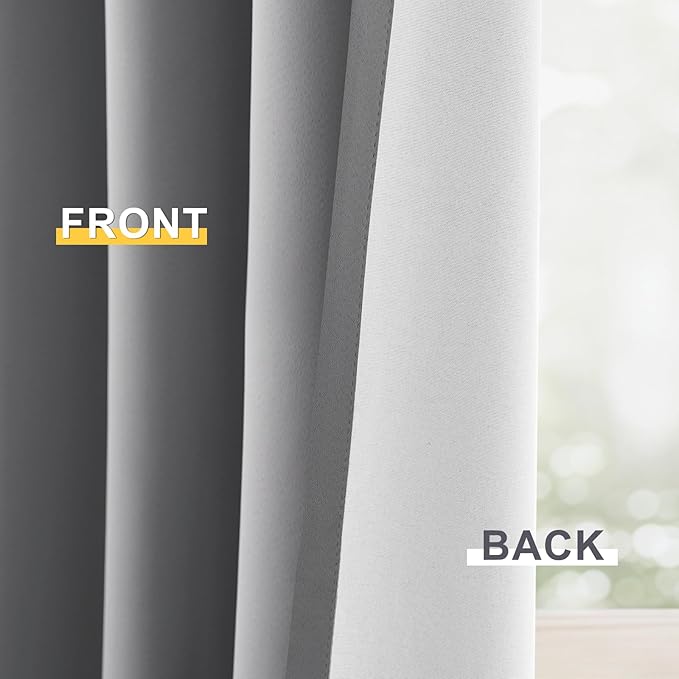 Yakamok 100% Blackout Curtain Panels 63 inches Cold and Light Blocking Drapes for Nursery, 2 Thick Layers Thermal Insulated Draperies (2 Pieces, 50 Wide Each Panel, Dove Grey/White Backing)