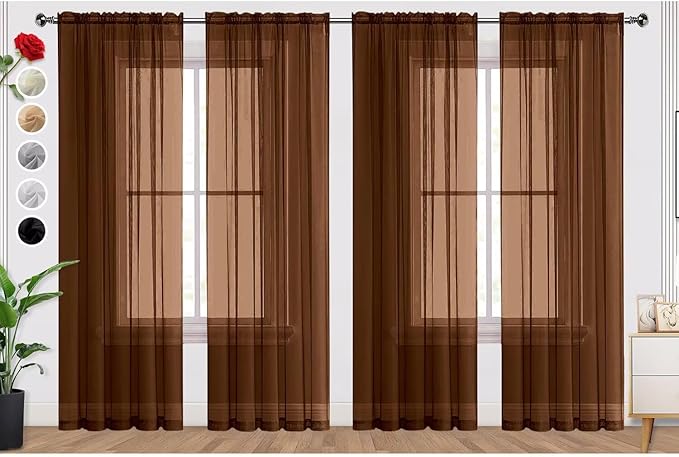 SpaceDresser Brown Sheer Curtains 4 Panels Rod Pocket Semi-Sheer Curtain 54 Inches Long Light Filtering Voile Window Drapes for Bedroom Living Room Kitchen, Each 52W x54L