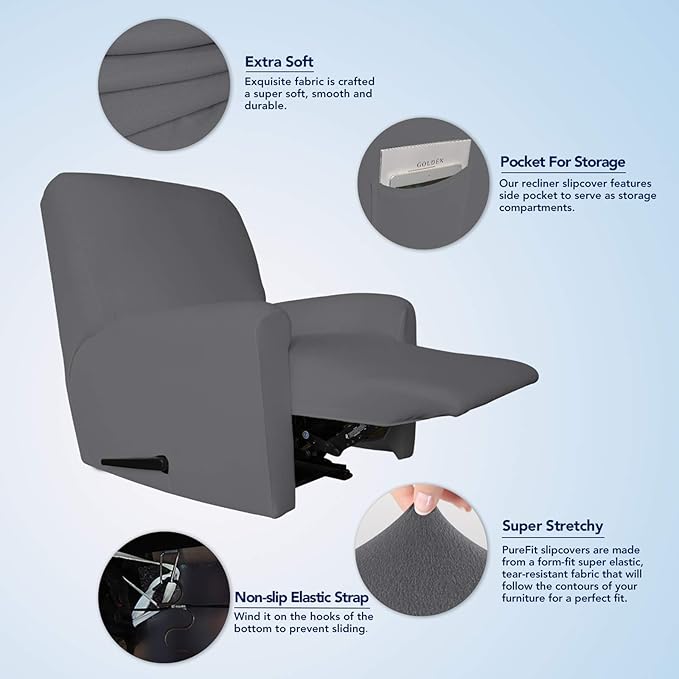 PureFit Super Stretch Chair Sofa Slipcover with Pocket – Spandex Non Slip Soft Couch Sofa Cover, Washable Furniture Protector with Elastic Bottom for Kids, Pets （Recliner, Gray ）