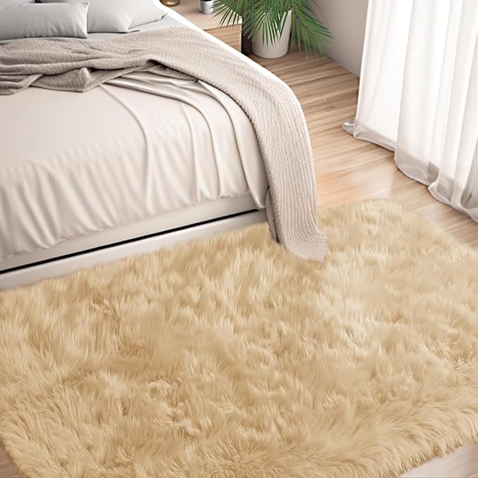 Ciicool Beige Fur Fluffy Rug, 2x4 ft Small Faux Fur Rugs for Bedroom, Washable Faux Sheepskin Rug for Sofa Couch Seat Cushion, Thick Shaggy Furry Rugs Floor Carpets for Bedside Living Room