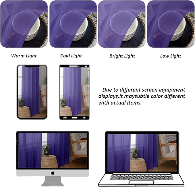 Chyhomenyc Purple Sheer Valances for Windows - Light Filtering Small Kitchen Curtains, Rod Pocket Short Top Window Treatment Decor for Living Room Bathroom Basement, 42Wx16L inches, 2 Panels