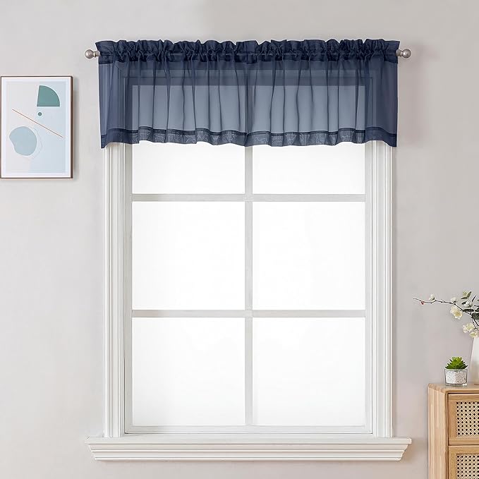 Chyhomenyc Sheer Valances for Windows 2 Pack, Small Window Curtains for Living Room Bathroom Cafe Laundry Basement, Modern Top Dual Rod Pocket Voile Curtain, 42W x 18L inches, Navy Blue