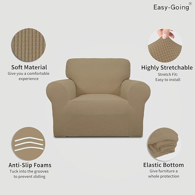Easy-Going Stretch Oversized Chair Sofa Slipcover 1-Piece Couch Sofa Cover Furniture Protector Soft with Elastic Bottom for Kids Spandex Jacquard Fabric Small Checks Tan