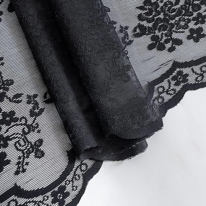 YJ YANJUN Vintage Lace Curtains 30 Inch Length 2 Panels Floral Halloween Goth Cafe Curtains for Bathroom Laundry Room Basement Kitchen Small Window Gothic Window Toppers 26 W x 30 L Black