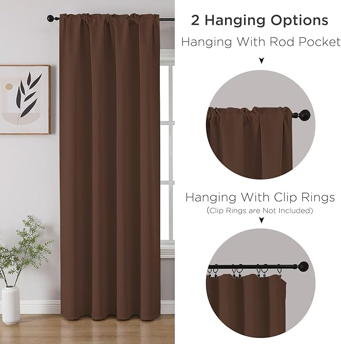 CUCRAF Brown Blackout Curtains 96 inch Length 2 Panels Set, Rod Pocket Room Darkening Drapes for Bedroom Living Room, Insulated Thermal Light Blocking Window Curtain (W52 x L96 Inch)