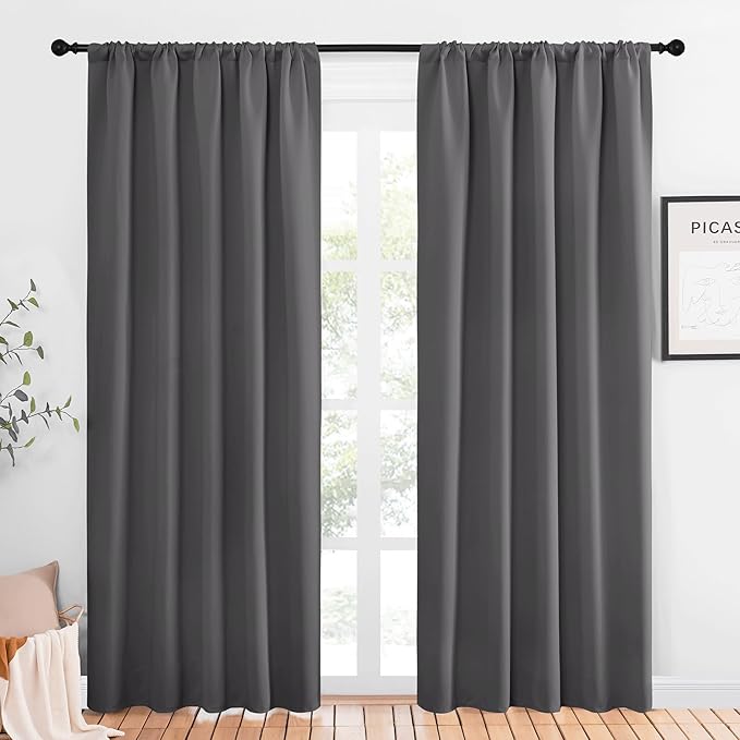 NICETOWN Blackout Curtain Panels for Living Room, Grey, 2 Panels, W52 inches x L84 inches, Energy Efficient & Noise Reducing Thermal Insulated Rod Pocket Blackout Drapes/Draperies for Window