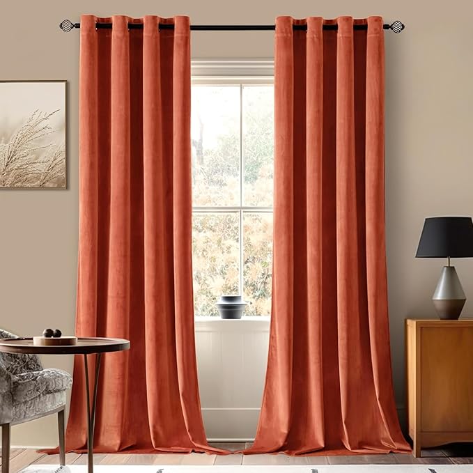 MIULEE 96 Inch Length Velvet Curtains for Fall Elegant Long Grommet Burnt Orange Thermal Insulated Soundproof Room Darkening Rust Terracotta Black Out Drapes for Living Room Bedroom Decor Set of 2