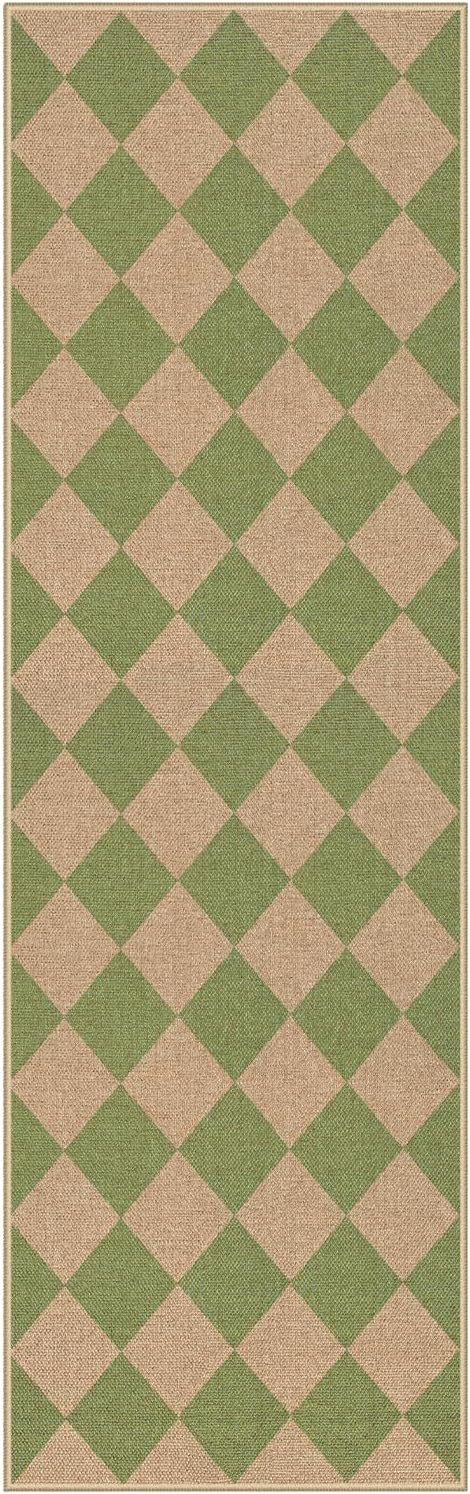 Lahome Colette Checkered Green Runner Rug, 2x8 Carpet Runners for Hallway 8ft Non Slip Entryway Rug, Farmhouse Checkerboard Non Shedding Kitchen Mats for Floor Laundry Corridor