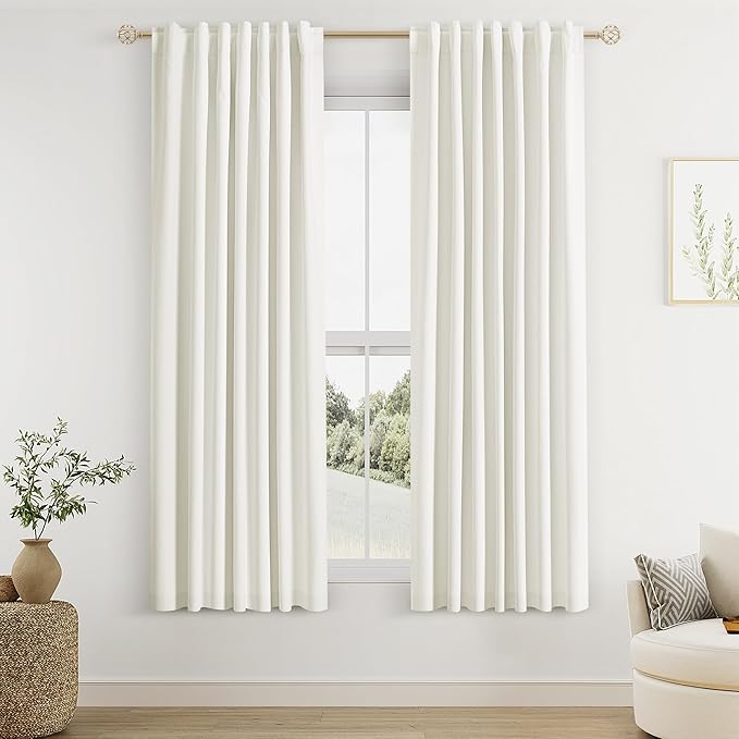 Ivory 100% Blackout Linen Curtains 63 Inch Length 2 Panels Set for Living Room Bedroom Back Tab Thermal Insulated Black Out Drapes Room Darkening Farmhouse Style for Bedroom Window Curtains 52x63