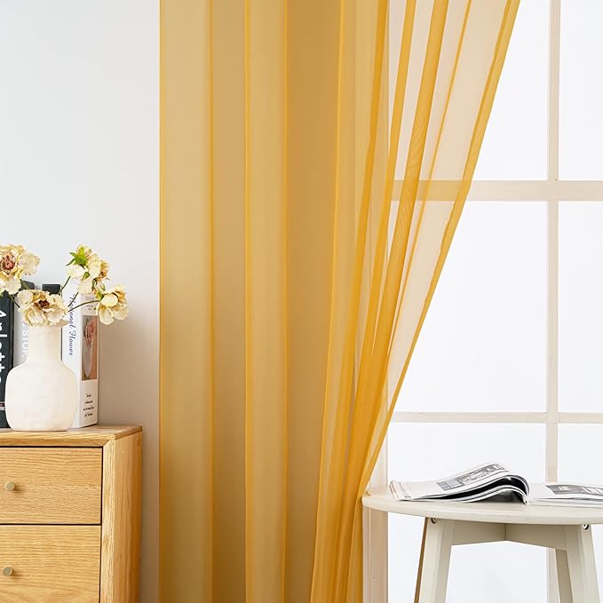 MIULEE 2 Panels Solid Color Sheer Window Curtains Elegant Window Voile Fall Panels/Drapes/Treatment for Bedroom Living Room (54 X 84 Inches Gold)