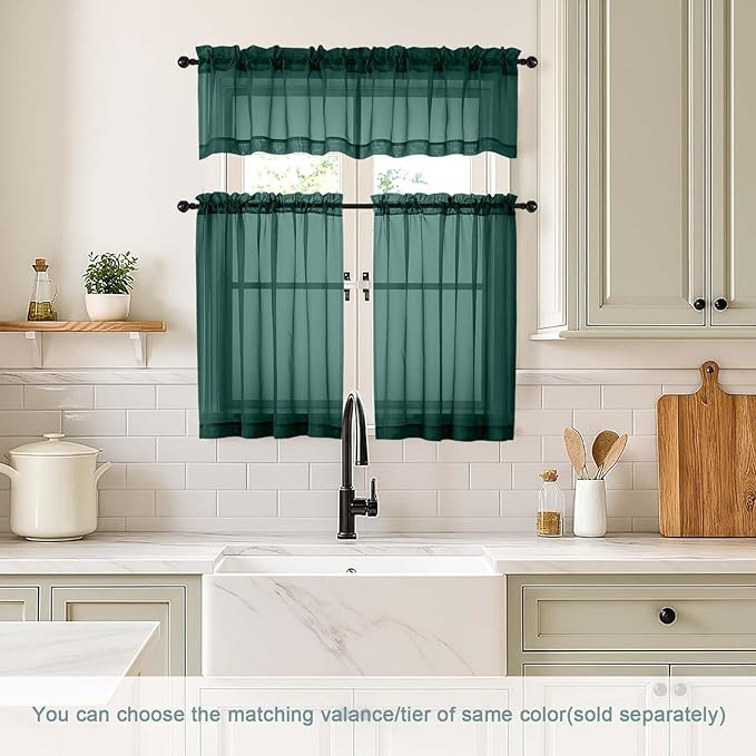 Green Sheer Curtains Tier 30 Inches Length 2 Panels, Light Filtering Lightweight Soft Window Drapes, Cute Elegant Cafe Curtains for Nursery, Dual Rod Pocket, Hunter Green, 2x42Wx30L Inches