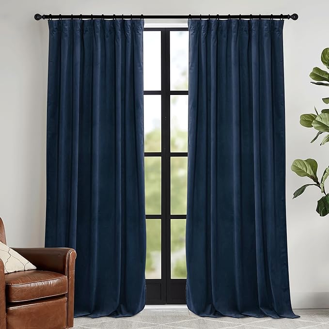 RYB HOME Navy Velvet Curtains 96 inches- Velevt Blackout Curtains for Bedroom, Thermal Insulated Noise Reducing Panels Soft Luxury Window Decor, Navy Blue, W52 x L96 inches, 2 Panels