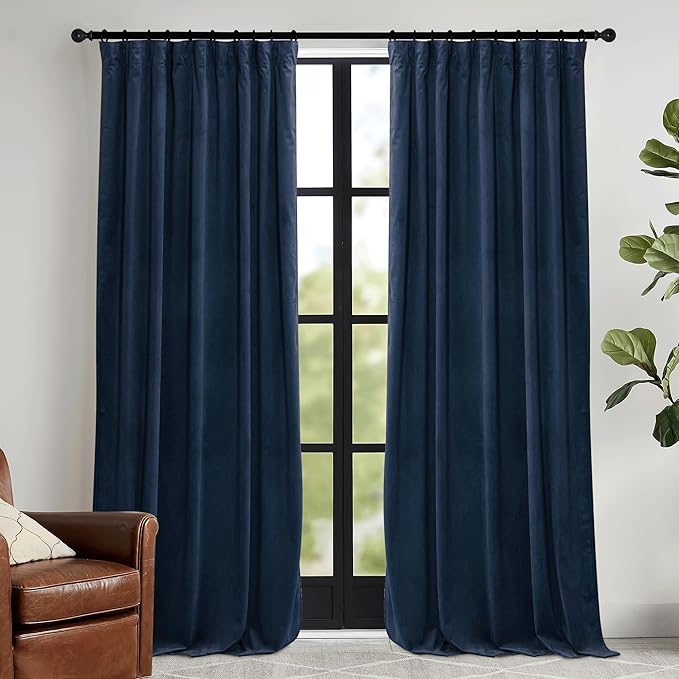 RYB HOME Navy Blue Velvet Curtains 102 inches with Hook Belt, Soft Fabric Room Darkening Thermal Insulated Luxurious Home Decor Curtains for Living Room Bedroom, W 52" x L 102", 2 Panels Set