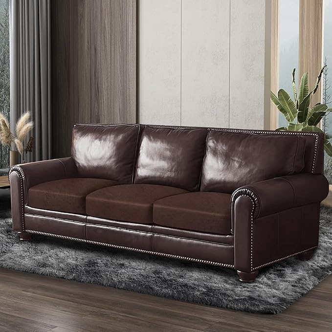 Leather Look Couch Cushion Covers Sofa Seat Slipcovers Sets Couches Furniture Protector for Sectional Armchair Loveseat Pets Kids Stretch Spandex Fabric (3 Cushion Sofa, Chocolate)