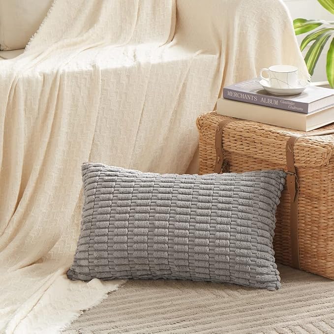 Fancy Homi 4 Packs Grey Decorative Throw Pillow Covers 14x24 Inch for Living Room Couch Bed, Rustic Modern Farmhouse Boho Home Decor, Soft Plush Corduroy Gray Cute Square Accent Cushion Case 35x60 cm