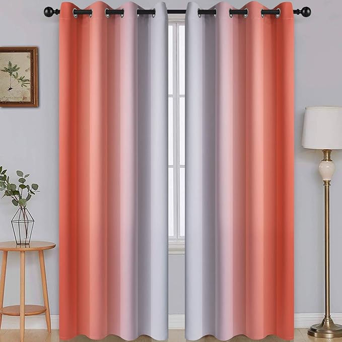 SimpleHome Ombre Room Darkening Curtains for Living Room, Light Blocking Gradient Coral to Greyish White Thermal Insulated Grommet Window Curtains/Drapes for Bedroom, 2 Panels, 52x84 inches Length