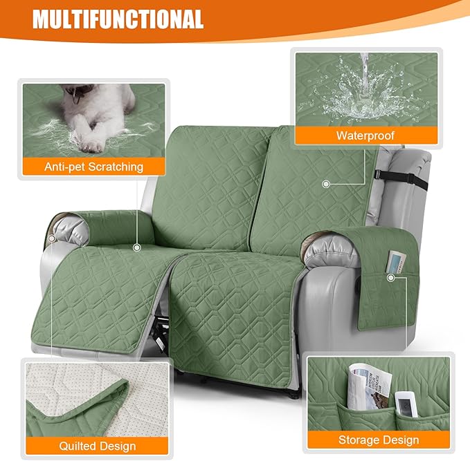 VANSOFY Waterproof Loveseat Recliner Cover, Sofa Covers 1-Piece Washable Reclining Sofa Cover Non-Slip Furniture Protector with Elastic Straps Pocket for Dogs, Pets(Bean Green,2 Seater)